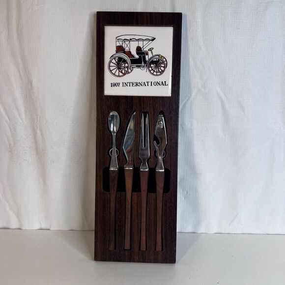 VTG 4 Piece Bar Ware Tool Set Hanging Magnetic Mid Century Modern Wood Tile - Picture 1 of 16